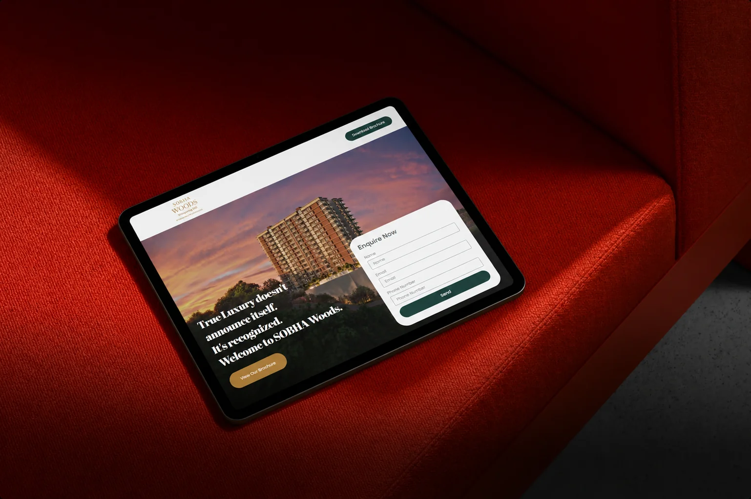 SOBHA Woods website on a tablet: the residential tower at sunset beside an Enquire Now form